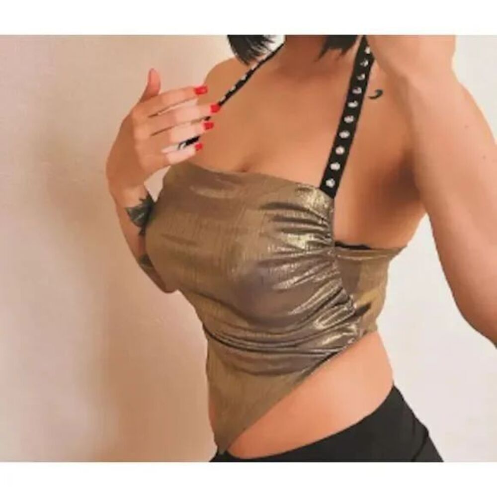 Micas Metallic Gold Halter Top with Studded Straps Sexy Party Club Wear‎ Small